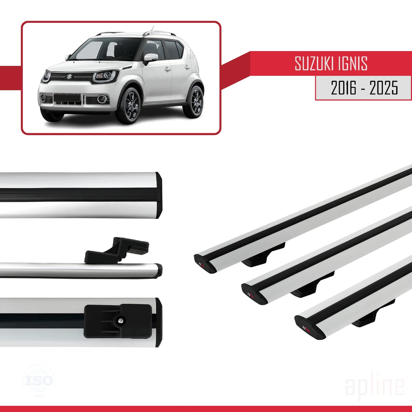 Compatible avec Suzuki Ignıs 2016-2025 BASIC Model Barres de Toit Railing Porte-Bagages de Voiture Gris Aluminium 3 Barres