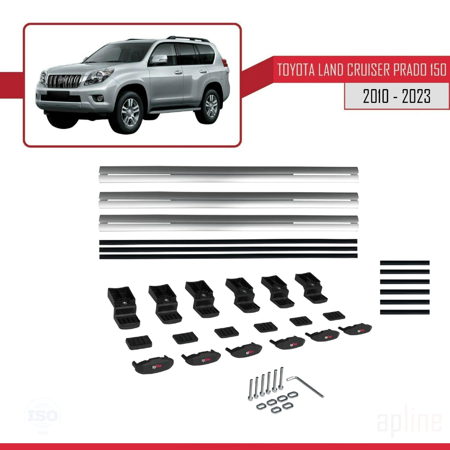 Compatible avec Toyota Land Cruiser Prado (J150) 2010-2023 BASIC Model Barres de Toit Railing Porte-Bagages de Voiture Gris Aluminium 3 Barres