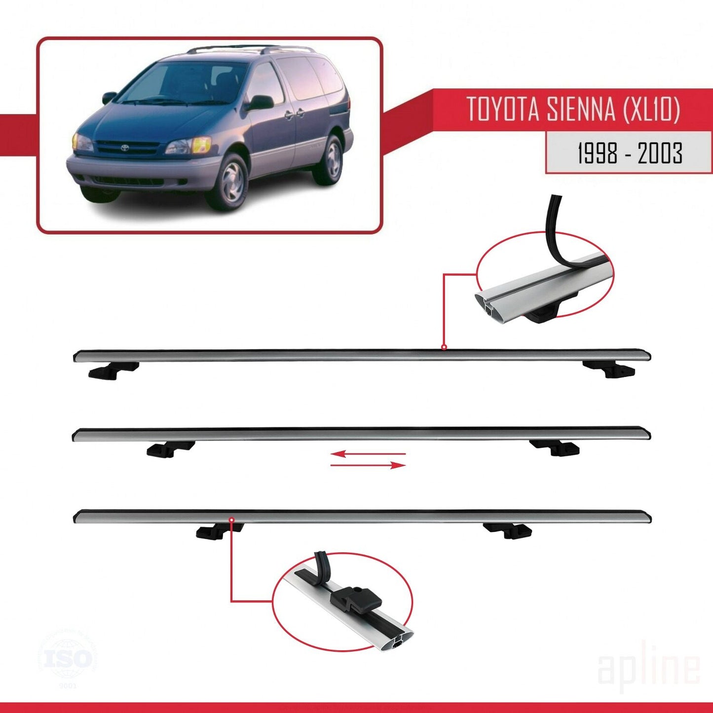 Compatible avec Toyota Sienna (XL10) 1998-2003 BASIC Model Barres de Toit Railing Porte-Bagages de Voiture Gris Aluminium 3 Barres