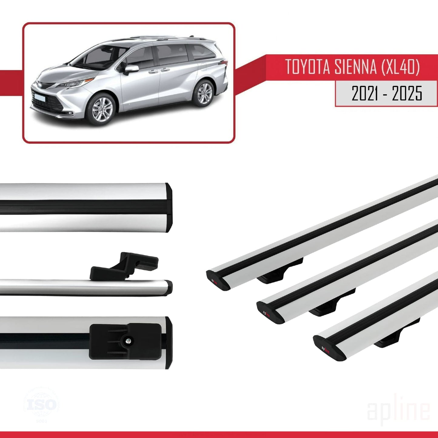Compatible avec Toyota Sienna 4 (XL40) 2021-2025 BASIC Model Barres de Toit Railing Porte-Bagages de Voiture Gris Aluminium 3 Barres