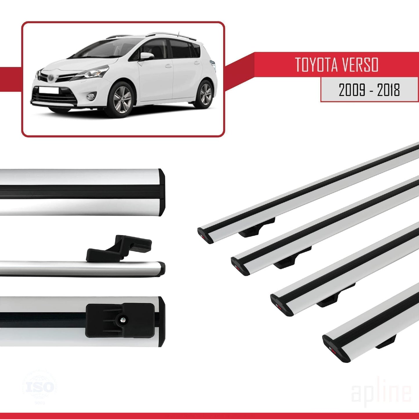 Compatible avec Toyota Verso (AR20) 2009-2018 BASIC Model Barres de Toit Railing Porte-Bagages de Voiture Gris Aluminium 4 Barres