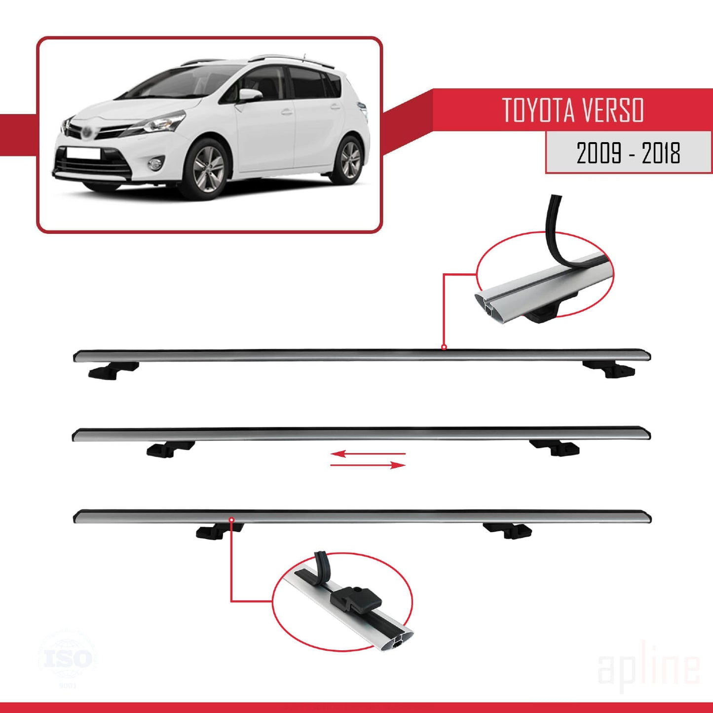 Compatible avec Toyota Verso (AR20) 2009-2018 BASIC Model Barres de Toit Railing Porte-Bagages de Voiture Gris Aluminium 4 Barres