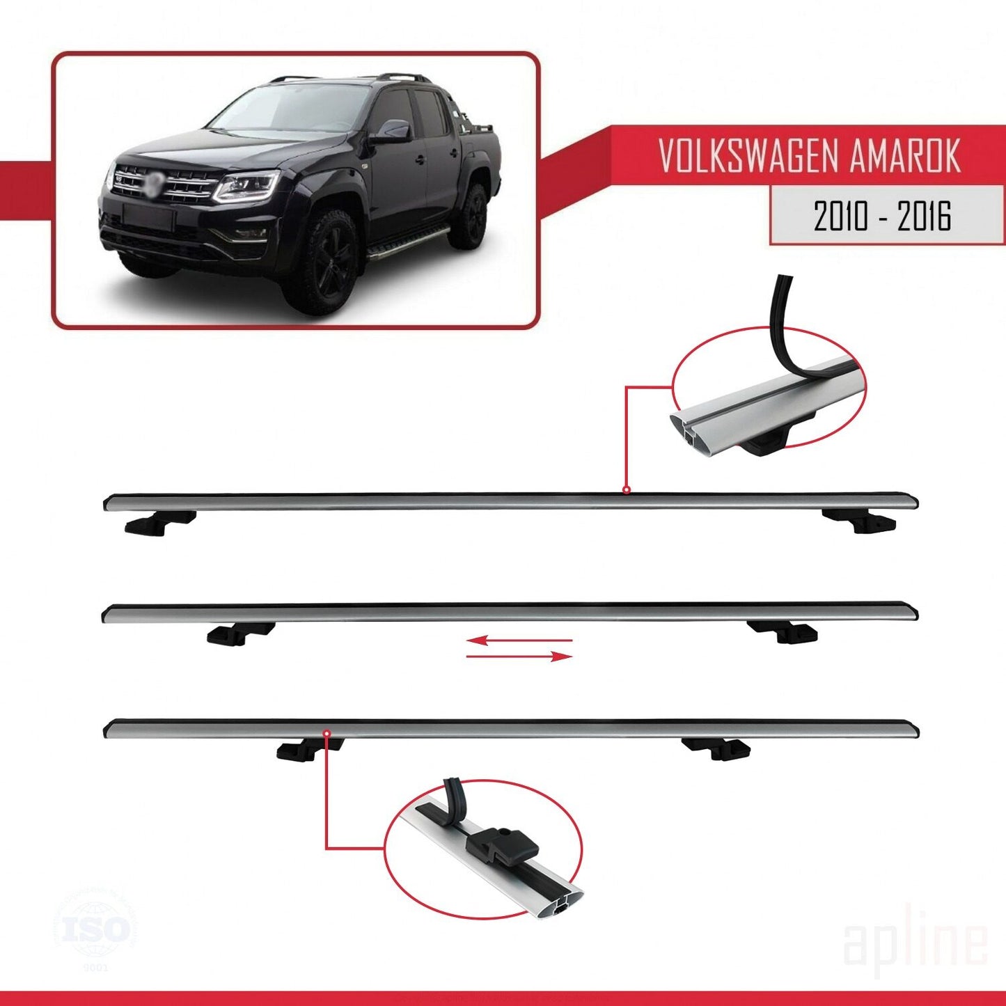Compatible avec Volkswagen Amarok (2F) Pre-Facelift 2010-2016 BASIC Model Barres de Toit Railing Porte-Bagages de Voiture Gris Aluminium 2 Barres