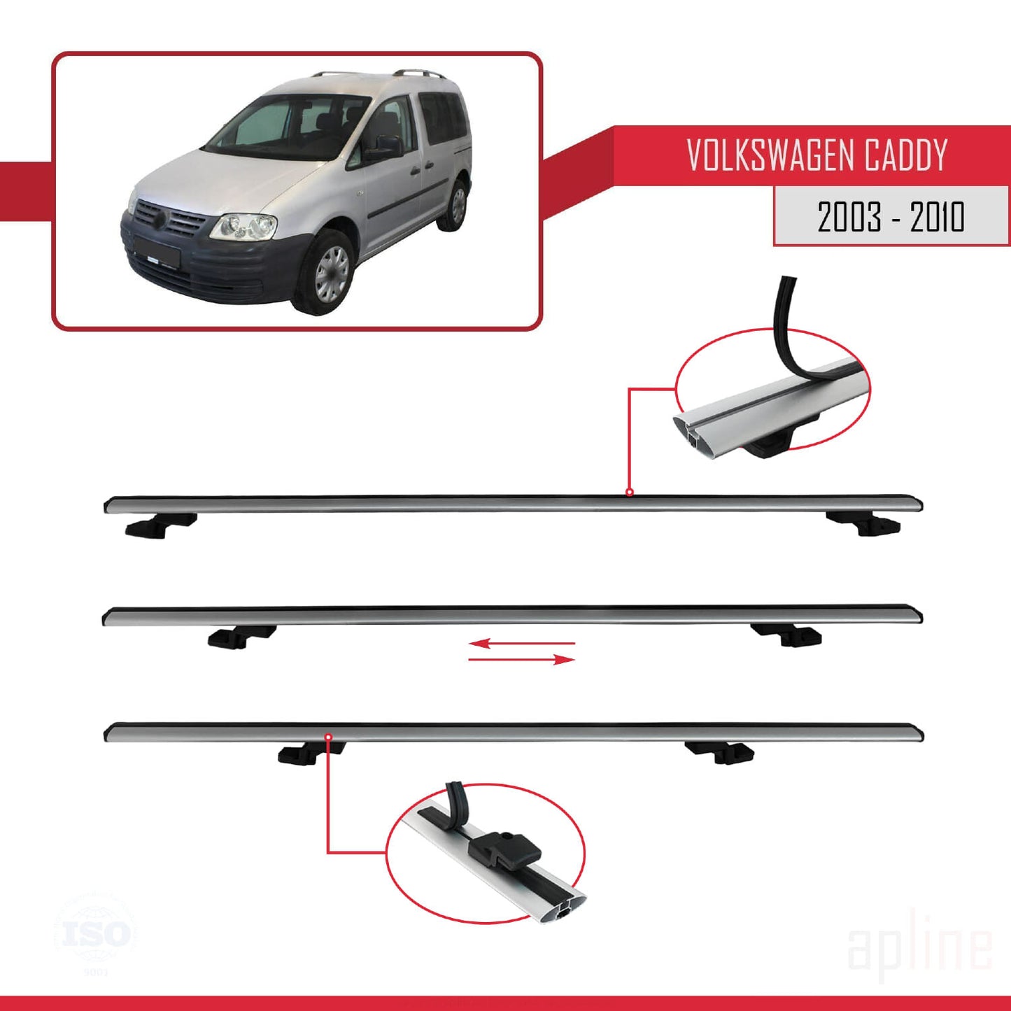 Compatible avec Volkswagen Caddy 3 (2K) 2003-2010 BASIC Model Barres de Toit Railing Porte-Bagages de Voiture Gris Aluminium 4 Barres
