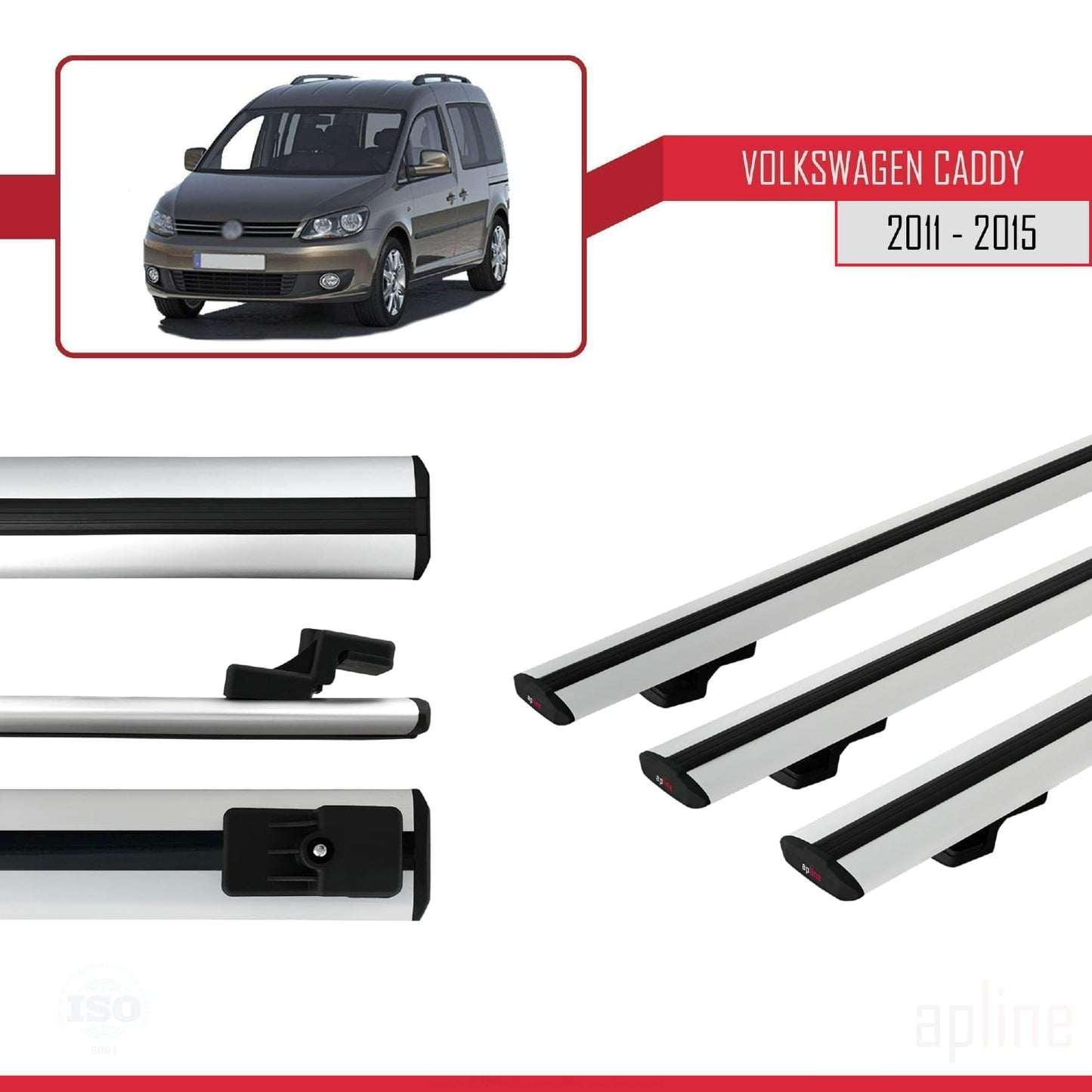 Compatible avec Volkswagen Caddy 3 (2K) 2011-2015 BASIC Model Barres de Toit Railing Porte-Bagages de Voiture Gris Aluminium 3 Barres
