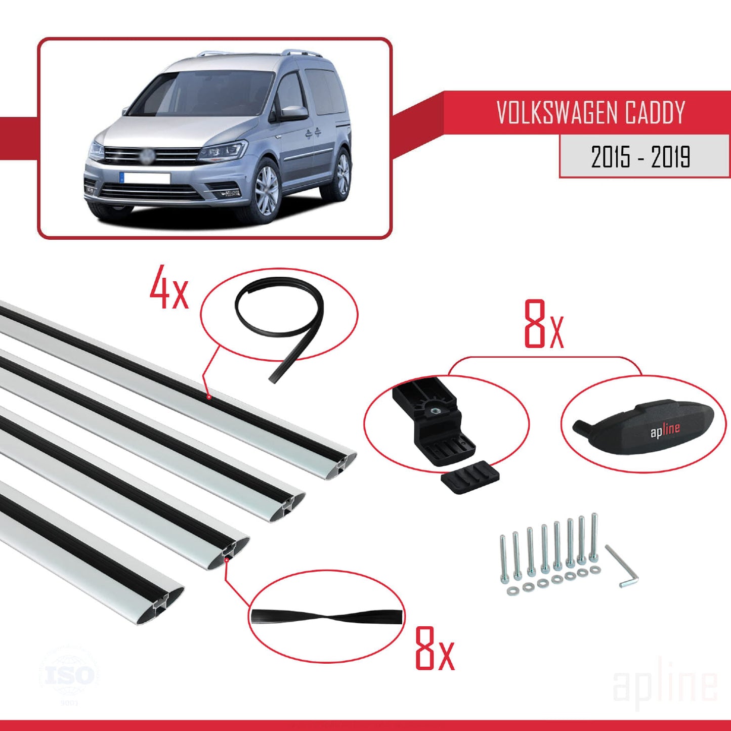 Compatible avec Volkswagen Caddy 3 (SA) 2015-2019 BASIC Model Barres de Toit Railing Porte-Bagages de Voiture Gris Aluminium 4 Barres