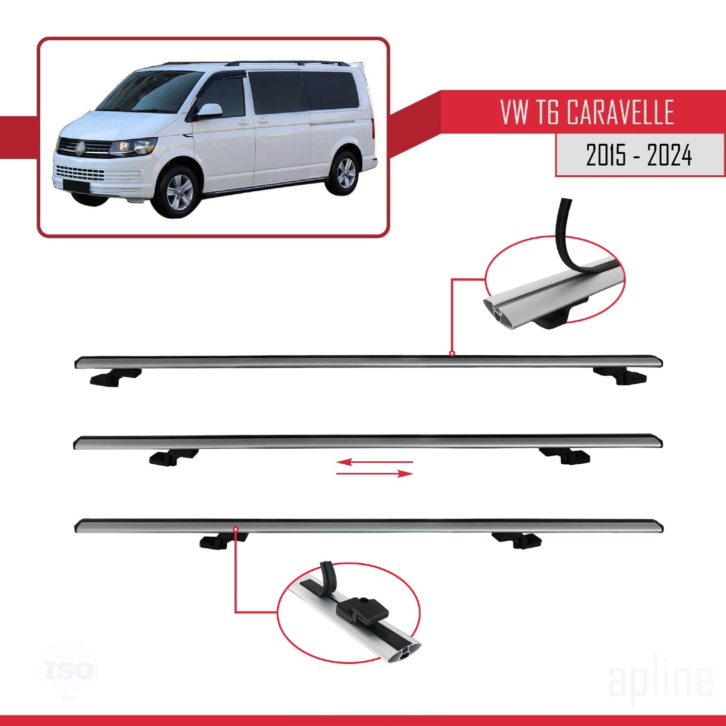 Compatible avec Volkswagen T6 Caravelle 2015-2024 BASIC Model Barres de Toit Railing Porte-Bagages de Voiture Gris Aluminium 3 Barres