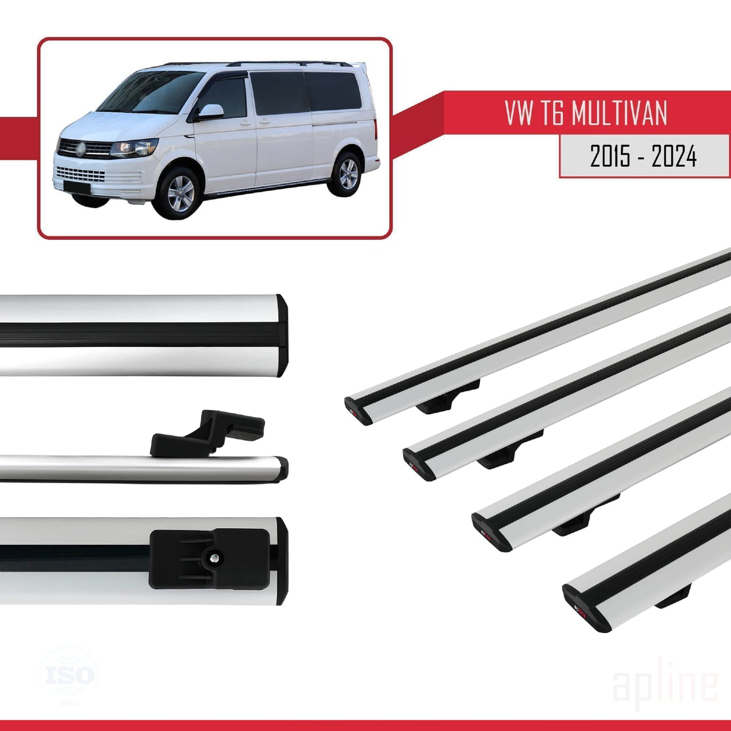 Compatible avec Volkswagen T6 Multivan 2015-2024 BASIC Model Barres de Toit Railing Porte-Bagages de Voiture Gris Aluminium 4 Barres