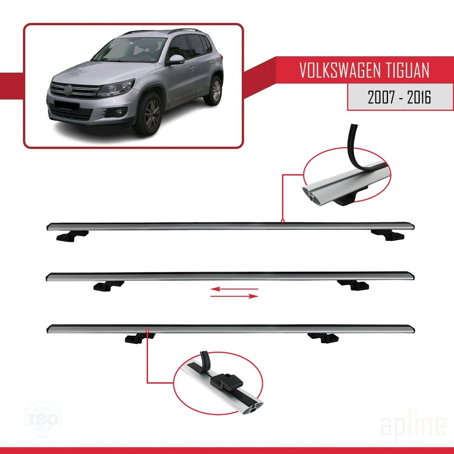 Compatible avec Volkswagen Tiguan (5N) 2007-2016 BASIC Model Barres de Toit Railing Porte-Bagages de Voiture Gris Aluminium 3 Barres