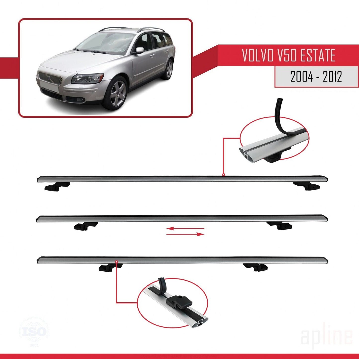 Compatible avec Volvo V50 2004-2012 BASIC Model Barres de Toit Railing Porte-Bagages de Voiture Gris Aluminium 2 Barres