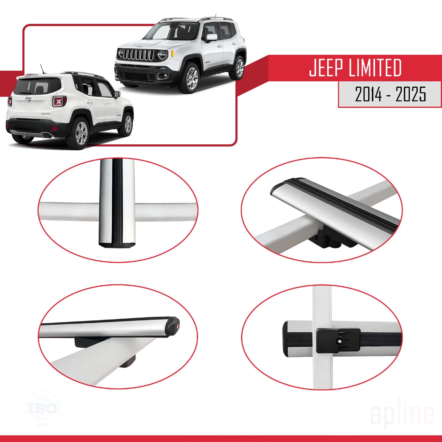 Compatible avec Jeep Limited 2014-2025 BASIC Model Barres de Toit Railing Porte-Bagages de Voiture Gris Aluminium 3 Barres