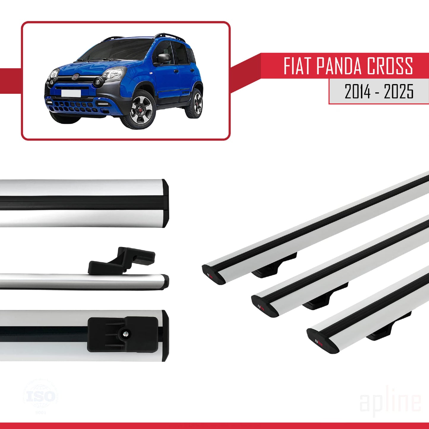 Kompatibel mit Fiat Panda Cross 2014-2025 Basismodell Dachgepäckträger, Reling, Gepäckträger, graues Aluminium, 3 Stangen