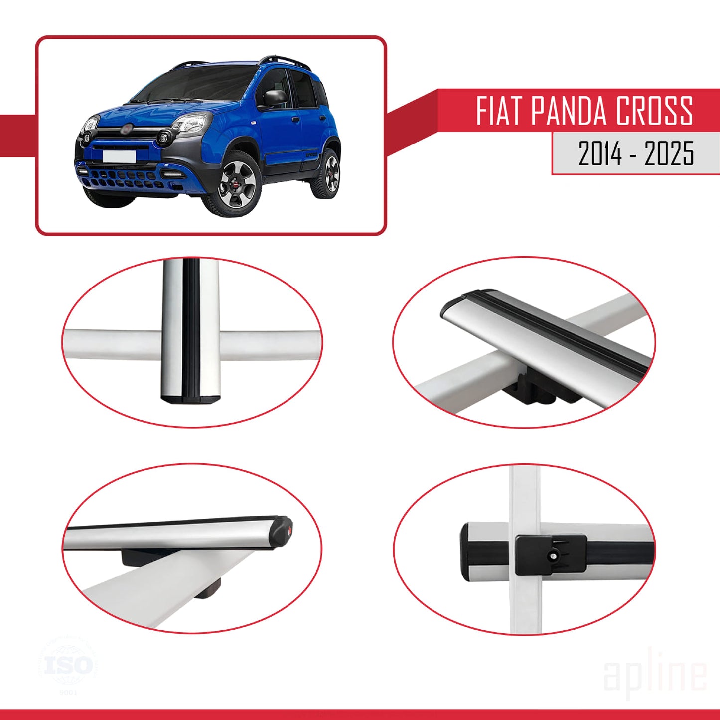 Kompatibel mit Fiat Panda Cross 2014-2025 Basismodell Dachgepäckträger, Reling, Gepäckträger, graues Aluminium, 3 Stangen