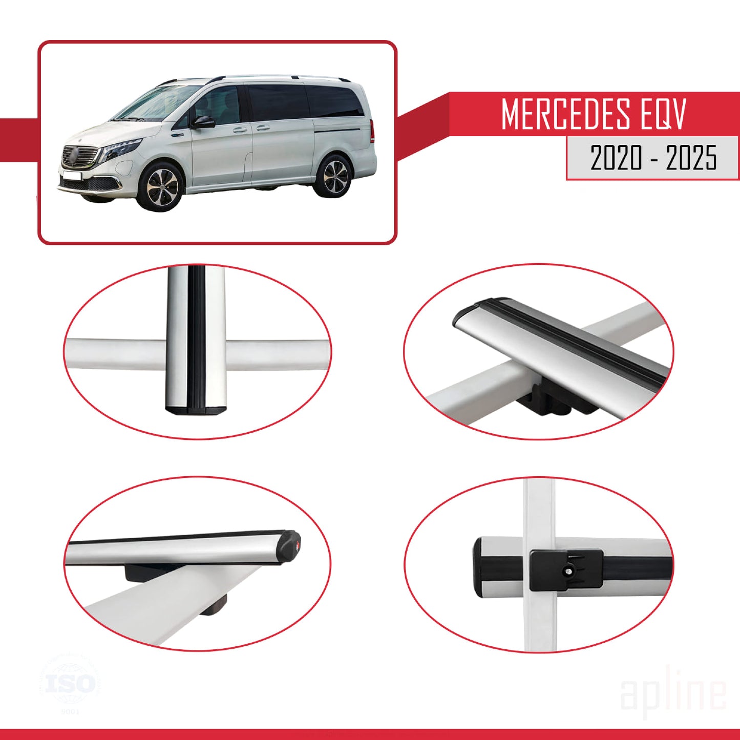Compatible with Mercedes EQV (W447) 2020-2025 BASIC Model Car Roof Rack Cross Bar Grey Aluminium 3 Bars