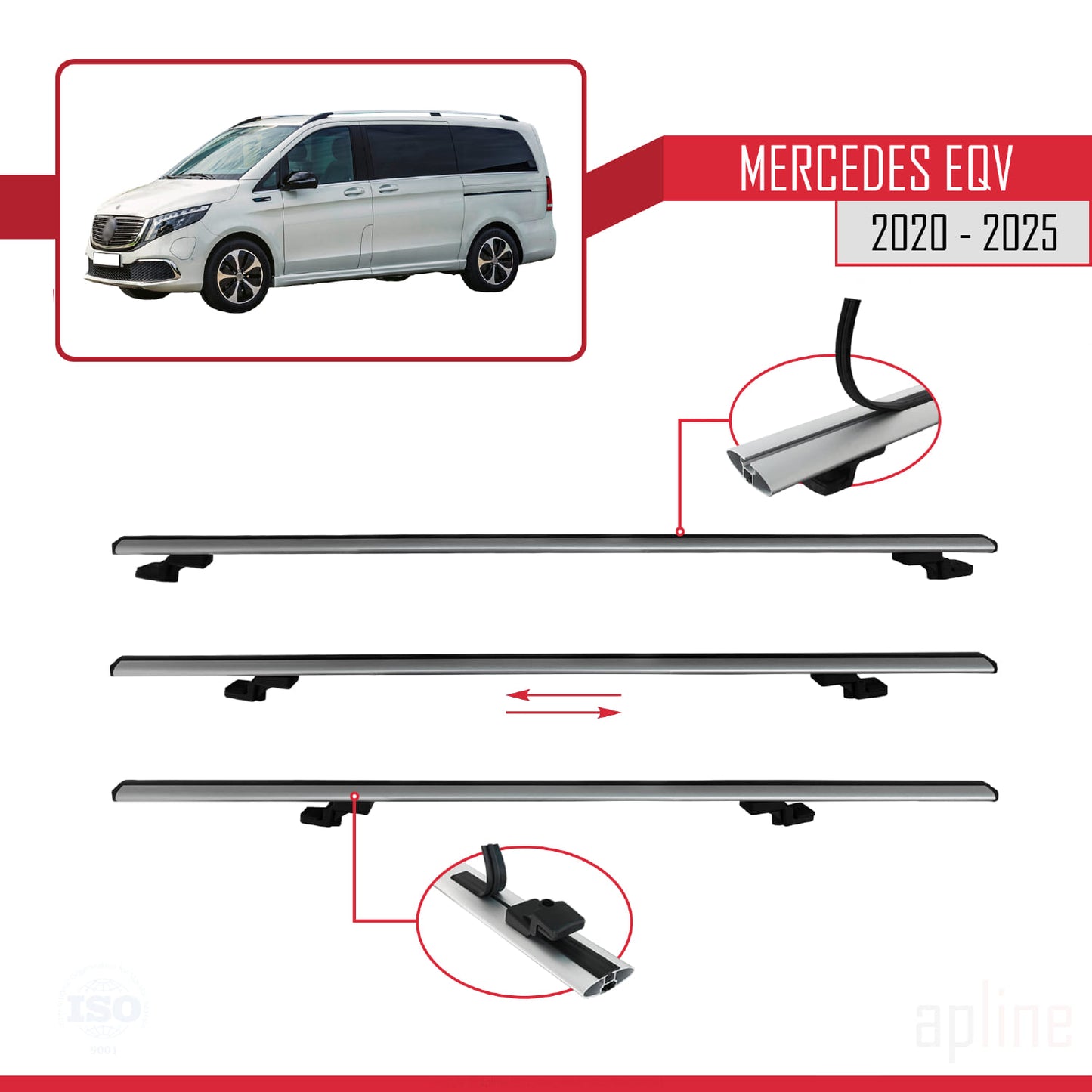 Compatible with Mercedes EQV (W447) 2020-2025 BASIC Model Car Roof Rack Cross Bar Grey Aluminium 3 Bars