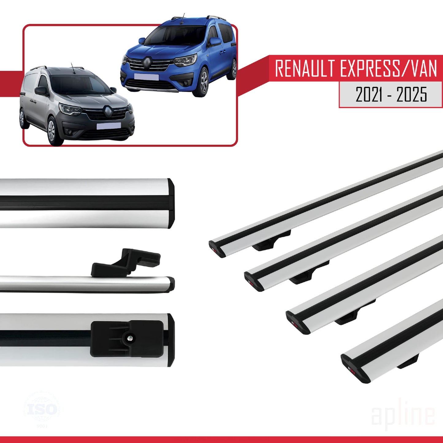 Compatible avec Renault Express 2021-2025 BASIC Model Barres de Toit Railing Porte-Bagages de Voiture Gris Aluminium 4 Barres