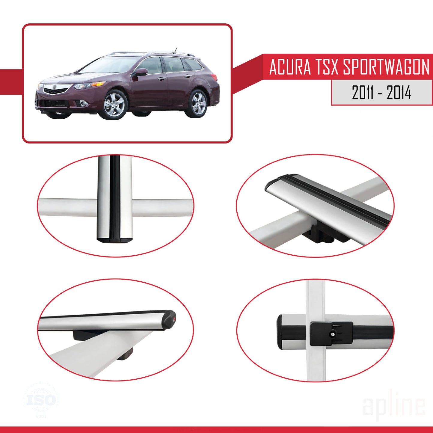 Kompatibel mit Acura TSX Sport Wagon 2011-2014 BASIC Modell Dachreling Gepäckträger Graues Aluminium 2 Stangen