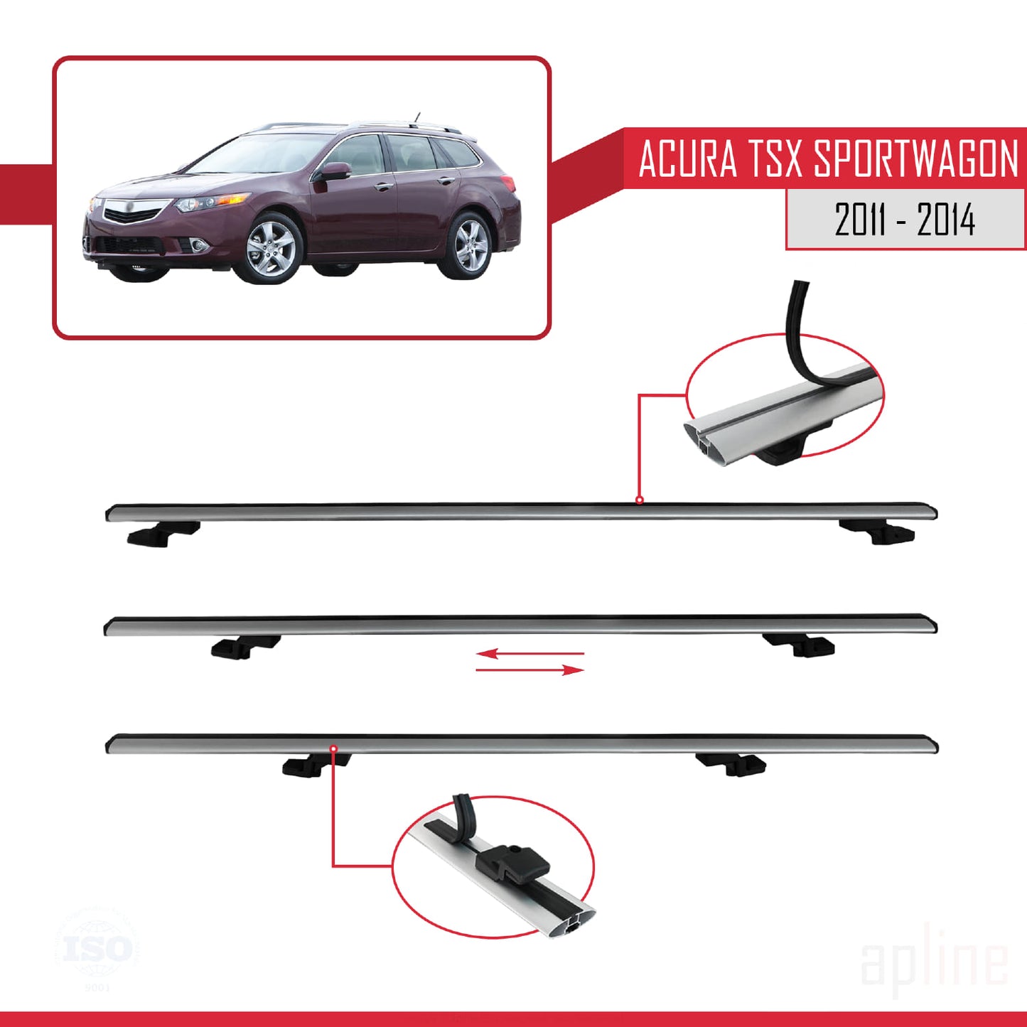 Kompatibel mit Acura TSX Sport Wagon 2011-2014 BASIC Modell Dachreling Gepäckträger Graues Aluminium 2 Stangen