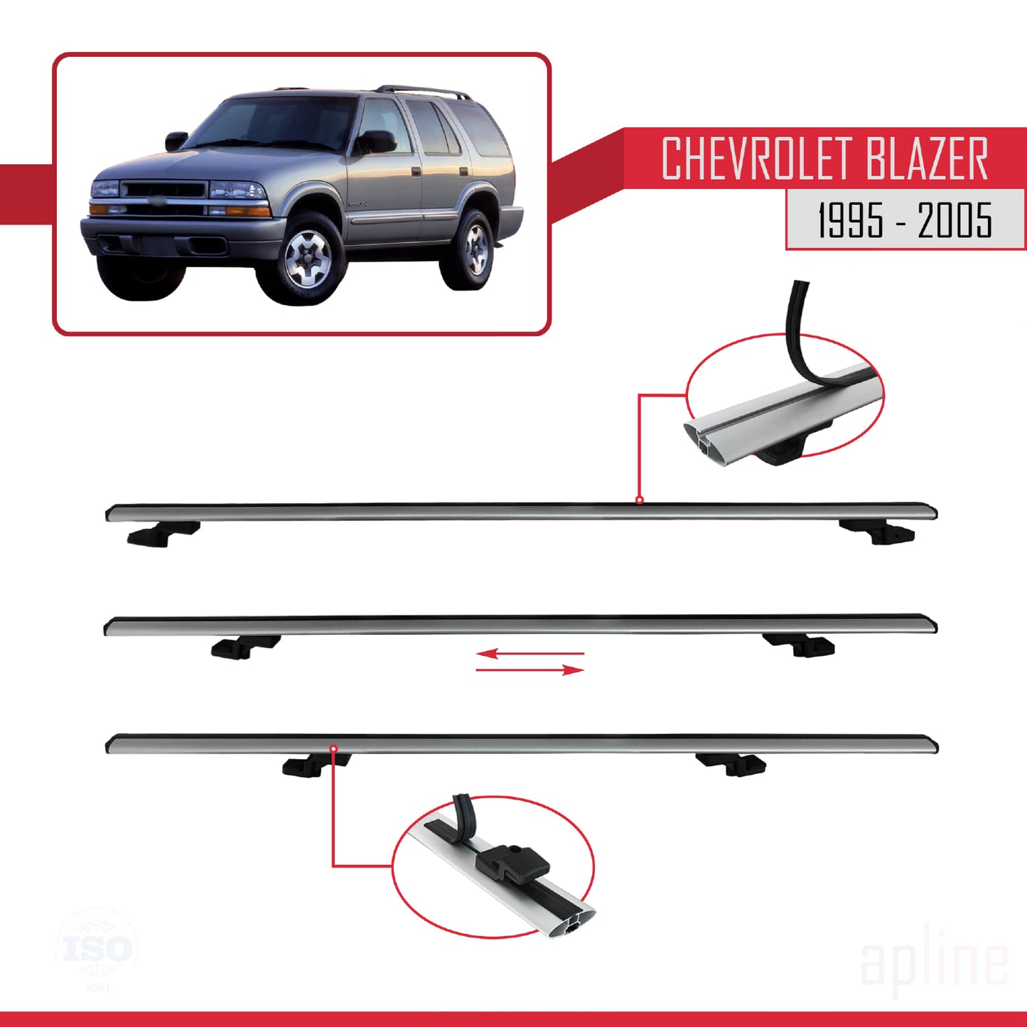 Compatible avec Chevrolet Blazer 1995-2005 BASIC Model Barres de Toit Railing Porte-Bagages de Voiture Gris Aluminium 3 Barres