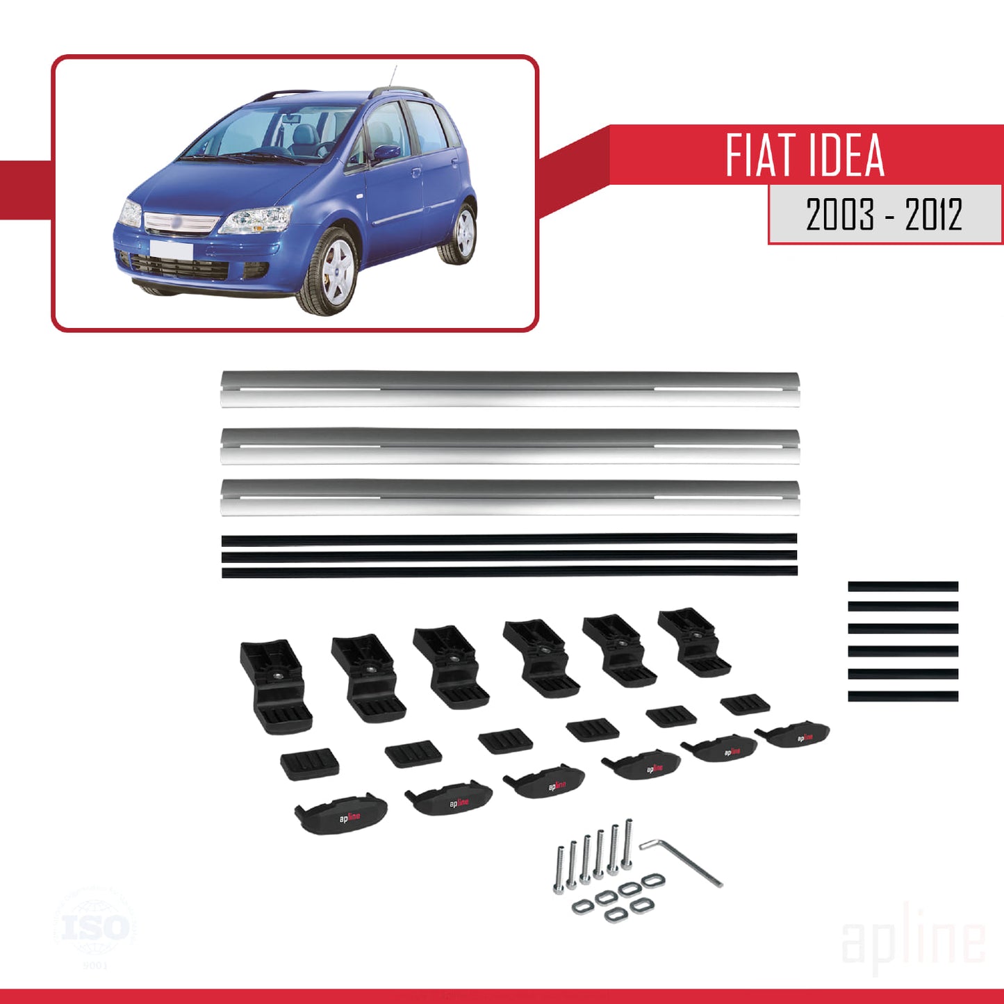 Kompatibel mit Fiat Idea 2003-2012 Basismodell Dachgepäckträger, graues Aluminium, 3 Stangen