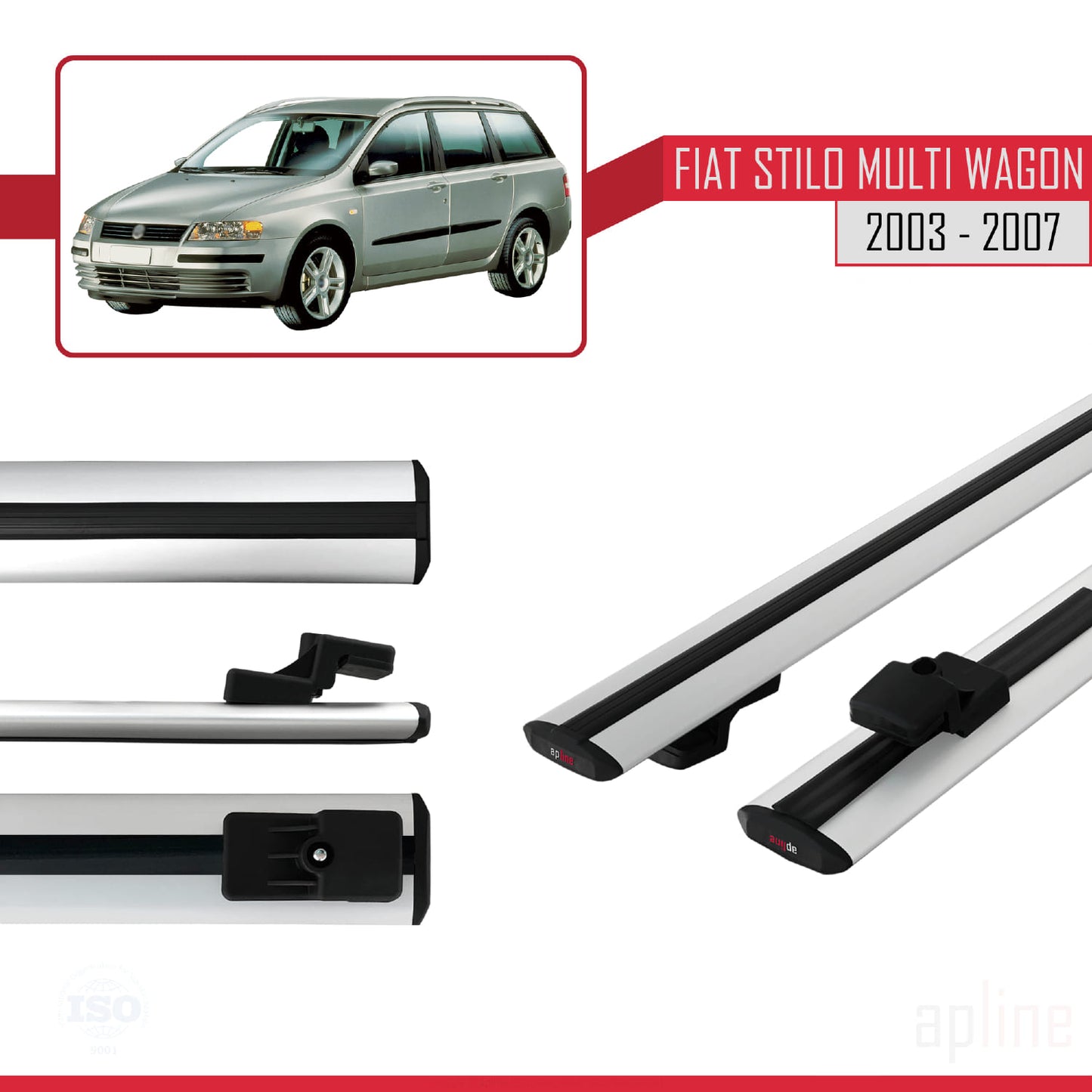Kompatibel mit Fiat Stilo Multi Wagon 2003-2007 Basismodell Dachgepäckträger, graues Aluminium, 2 Stangen
