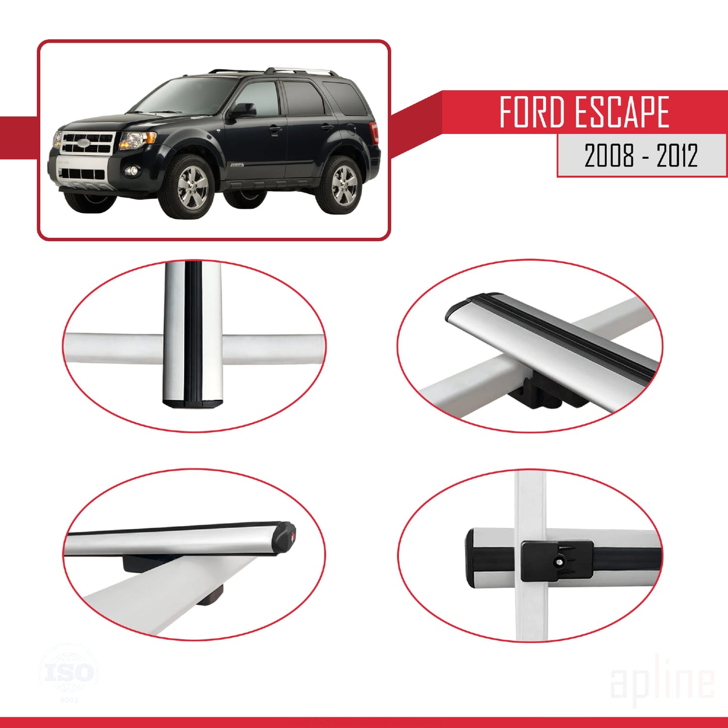 Compatible avec Ford Escape 2008-2012 BASIC Model Barres de Toit Railing Porte-Bagages de Voiture Gris Aluminium 3 Barres