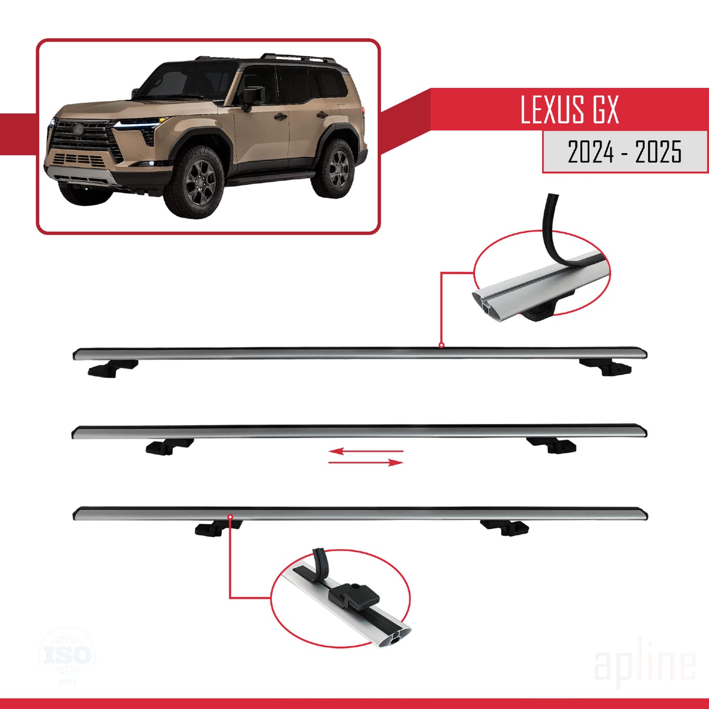 Compatible avec Lexus GX 2024-2025 BASIC Model Barres de Toit Railing Porte-Bagages de Voiture Gris Aluminium 2 Barres