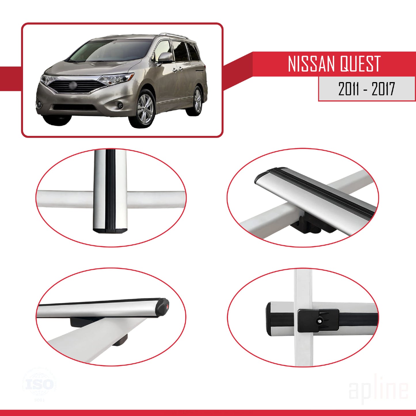 Compatible avec Nissan Quest 2011-2017 BASIC Model Barres de Toit Railing Porte-Bagages de Voiture Gris Aluminium 4 Barres