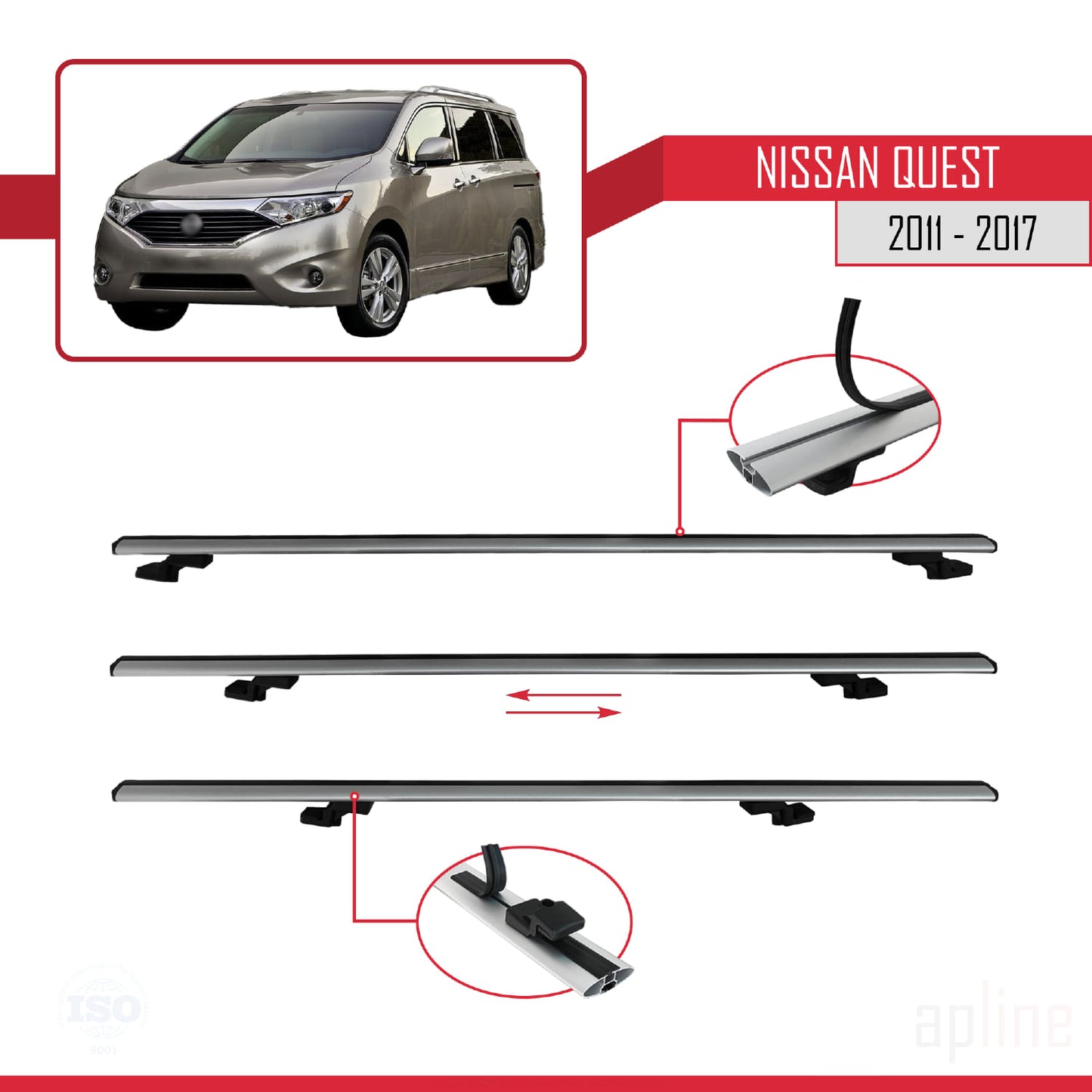 Compatible avec Nissan Quest 2011-2017 BASIC Model Barres de Toit Railing Porte-Bagages de Voiture Gris Aluminium 2 Barres