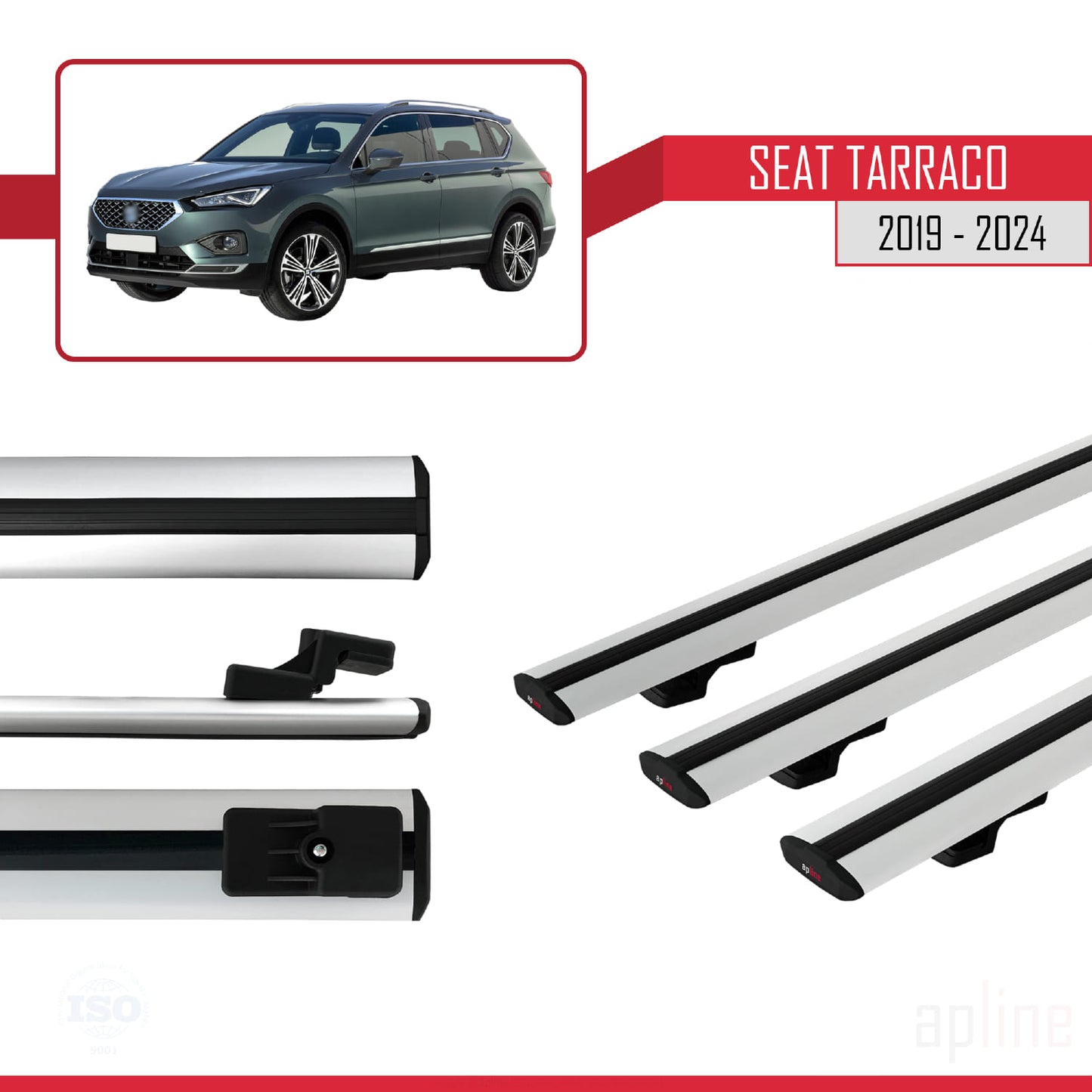 Compatible avec Seat Tarraco 2019-2024 BASIC Model Barres de Toit Railing Porte-Bagages de Voiture Gris Aluminium 3 Barres