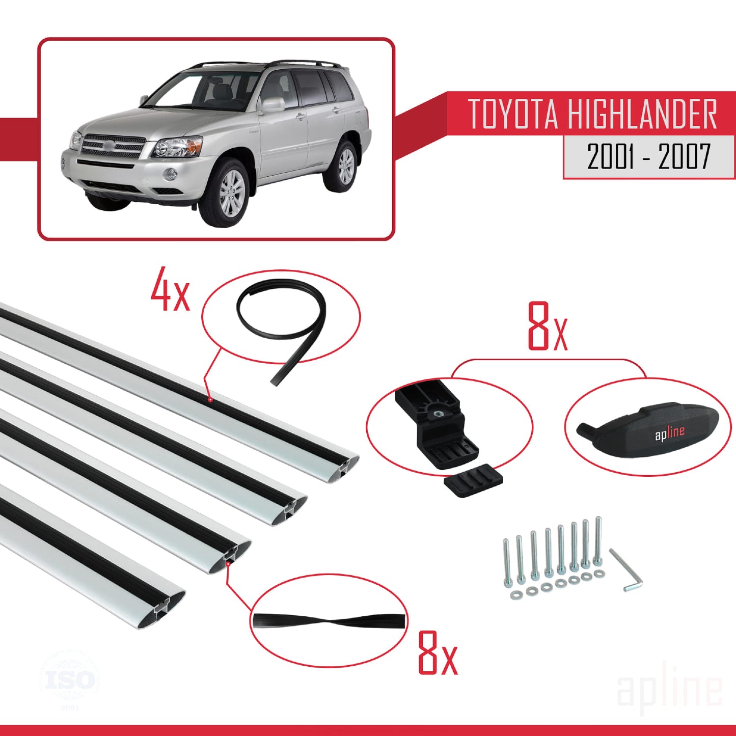 Compatible avec Toyota Highlander 2001-2007 BASIC Model Barres de Toit Railing Porte-Bagages de Voiture Gris Aluminium 4 Barres
