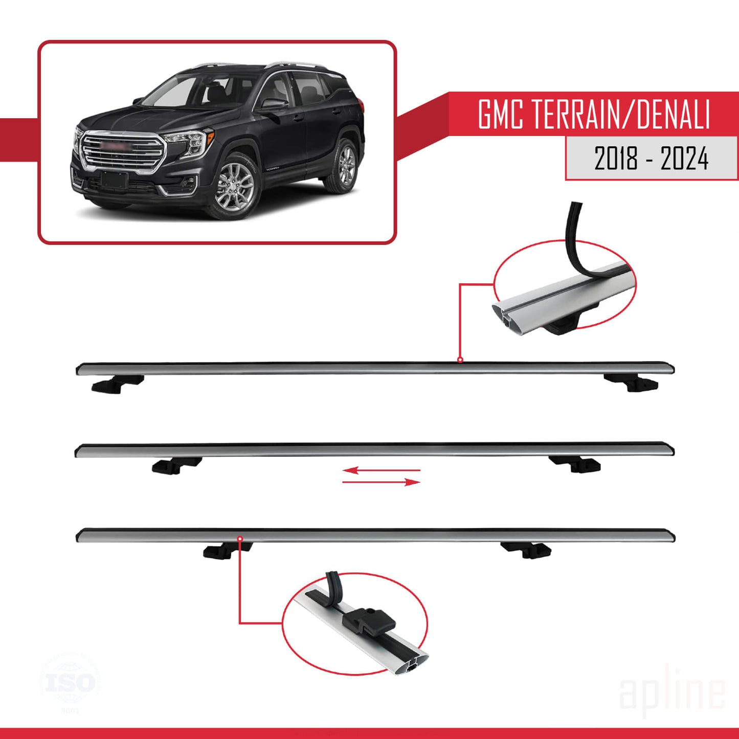Compatible avec GMC Terrain / Denali 2018-2024 BASIC Model Barres de Toit Railing Porte-Bagages de Voiture Gris Aluminium 3 Barres