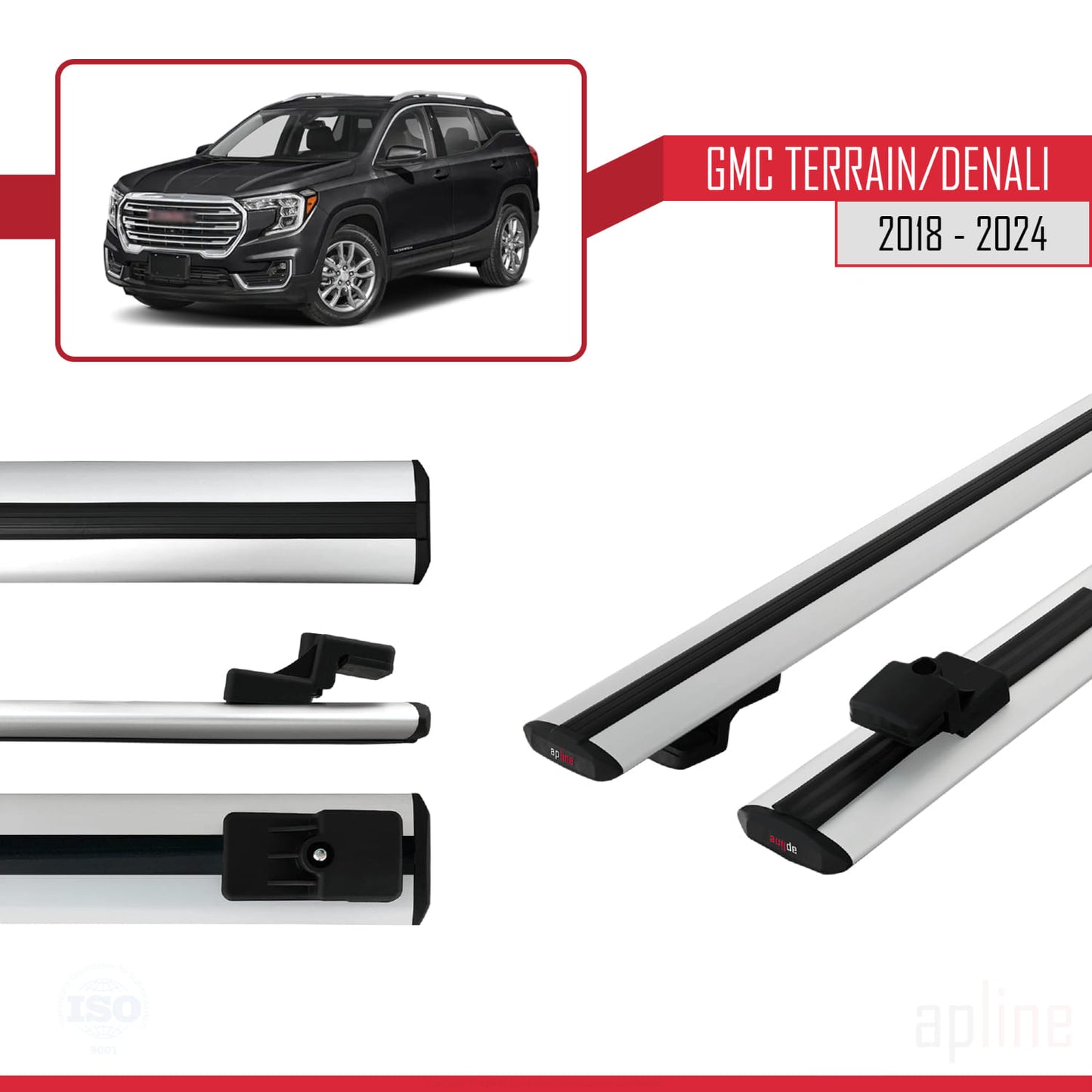 Compatible avec GMC Terrain / Denali 2018-2024 BASIC Model Barres de Toit Railing Porte-Bagages de Voiture Gris Aluminium 2 Barres