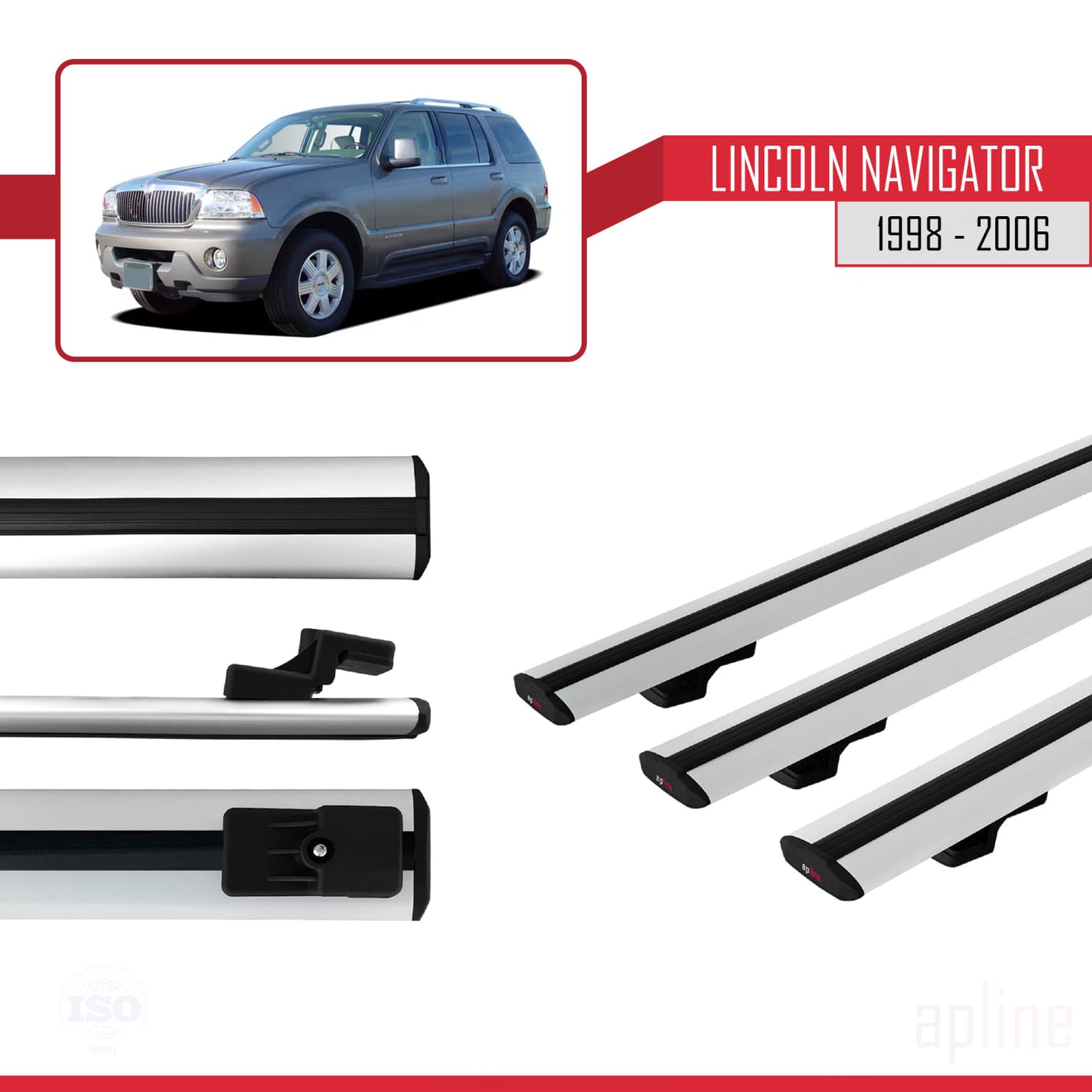 Compatible avec Lincoln Navigator 1998-2006 BASIC Model Barres de Toit Railing Porte-Bagages de Voiture Gris Aluminium 3 Barres