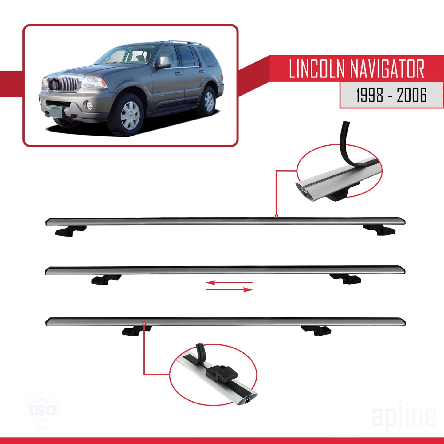 Compatible avec Lincoln Navigator 1998-2006 BASIC Model Barres de Toit Railing Porte-Bagages de Voiture Gris Aluminium 2 Barres