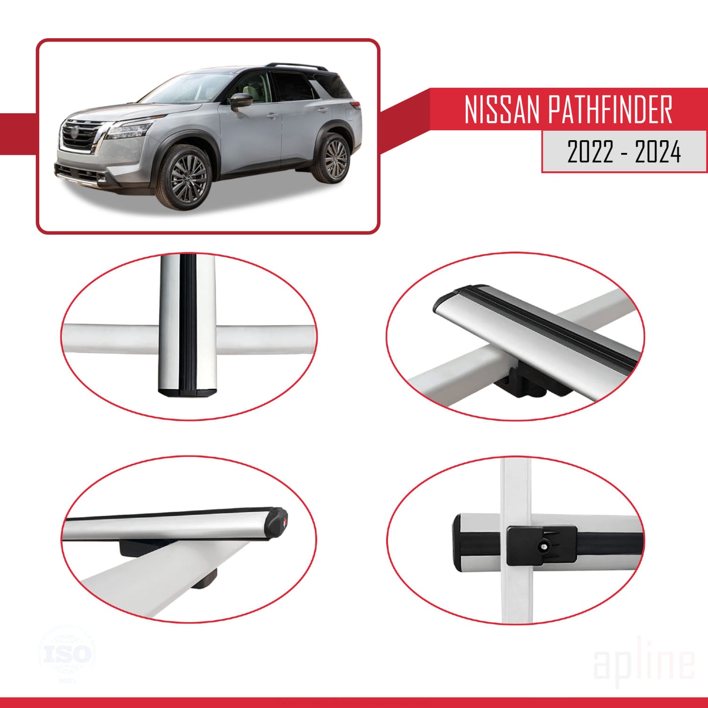 Compatible avec Nissan Pathfinder 2022-2024 BASIC Model Barres de Toit Railing Porte-Bagages de Voiture Gris Aluminium 3 Barres