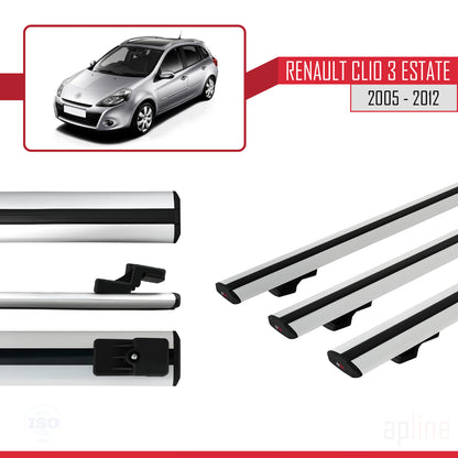 Compatible avec Renault Clio 3 Estate 2005-2012 BASIC Model Barres de Toit Railing Porte-Bagages de Voiture Gris Aluminium 3 Barres