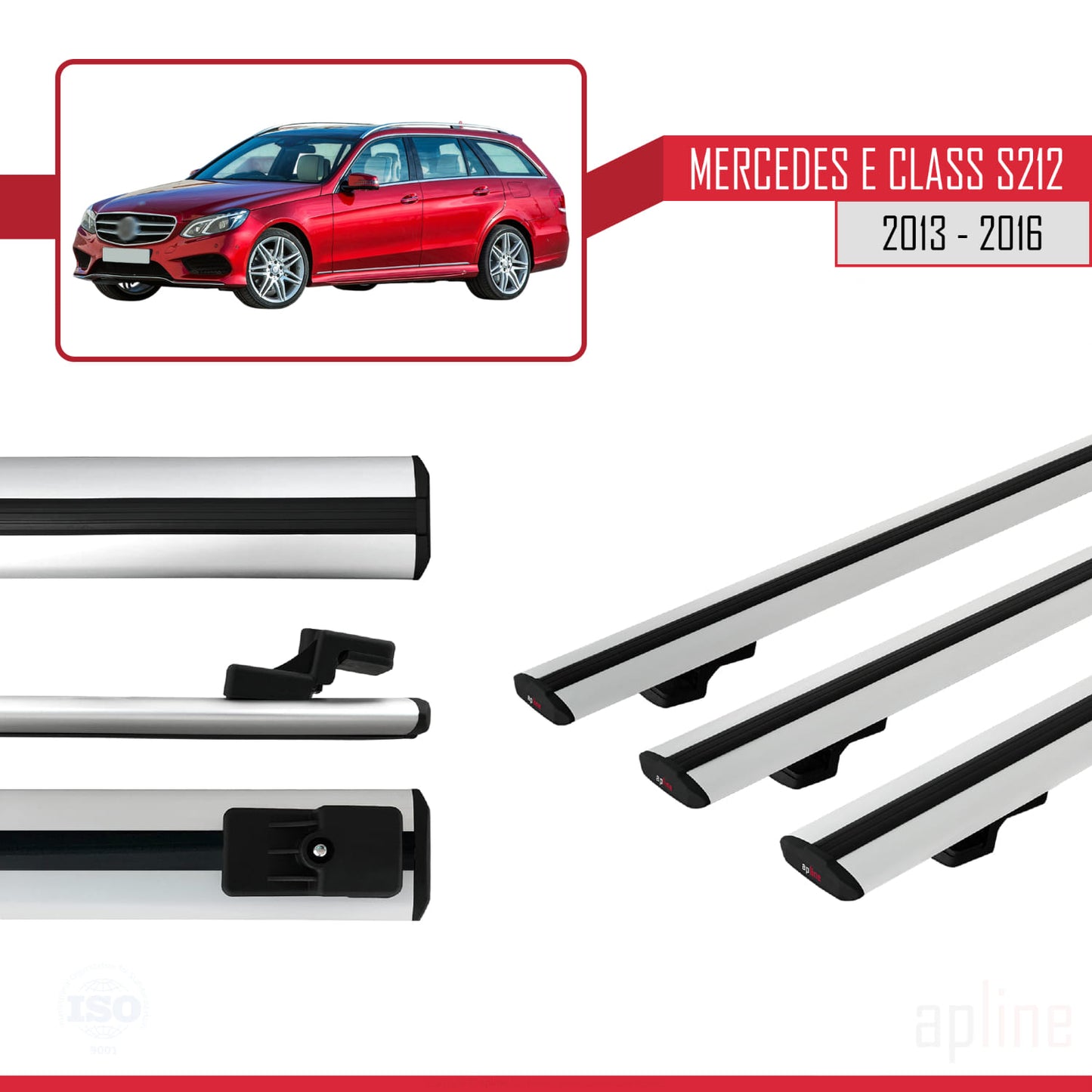 Compatible with Mercedes E Class S212 2013-2016 BASIC Model Car Roof Rack Cross Bar Grey Aluminium 3 Bars