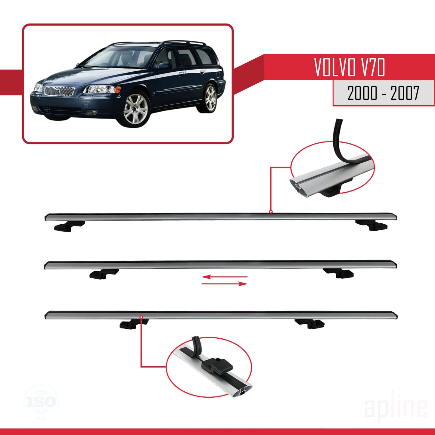 Compatible avec Volvo V70 2000-2007 BASIC Model Barres de Toit Railing Porte-Bagages de Voiture Gris Aluminium 3 Barres