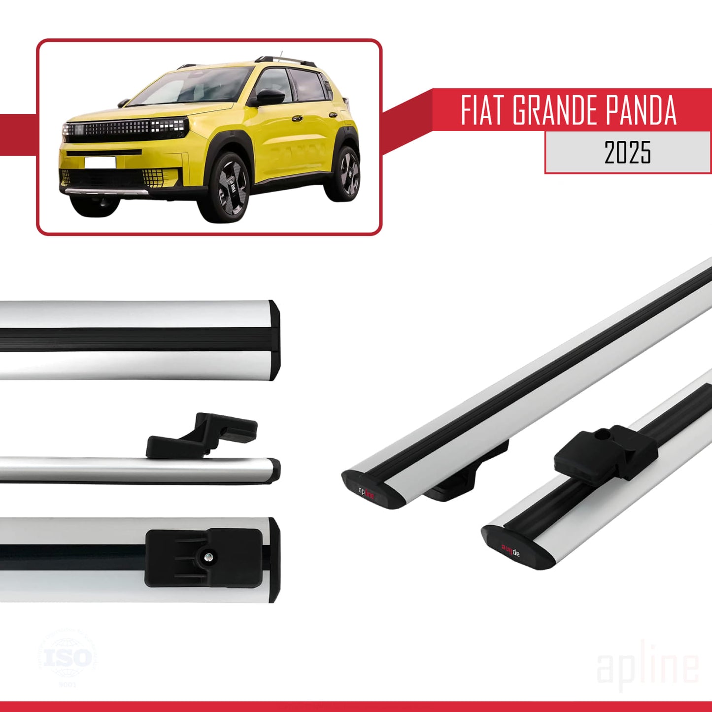 Kompatibel mit Fiat Grande Panda 2025-2025 BASIC Modell Dachgepäckträger, graues Aluminium, 2 Stangen