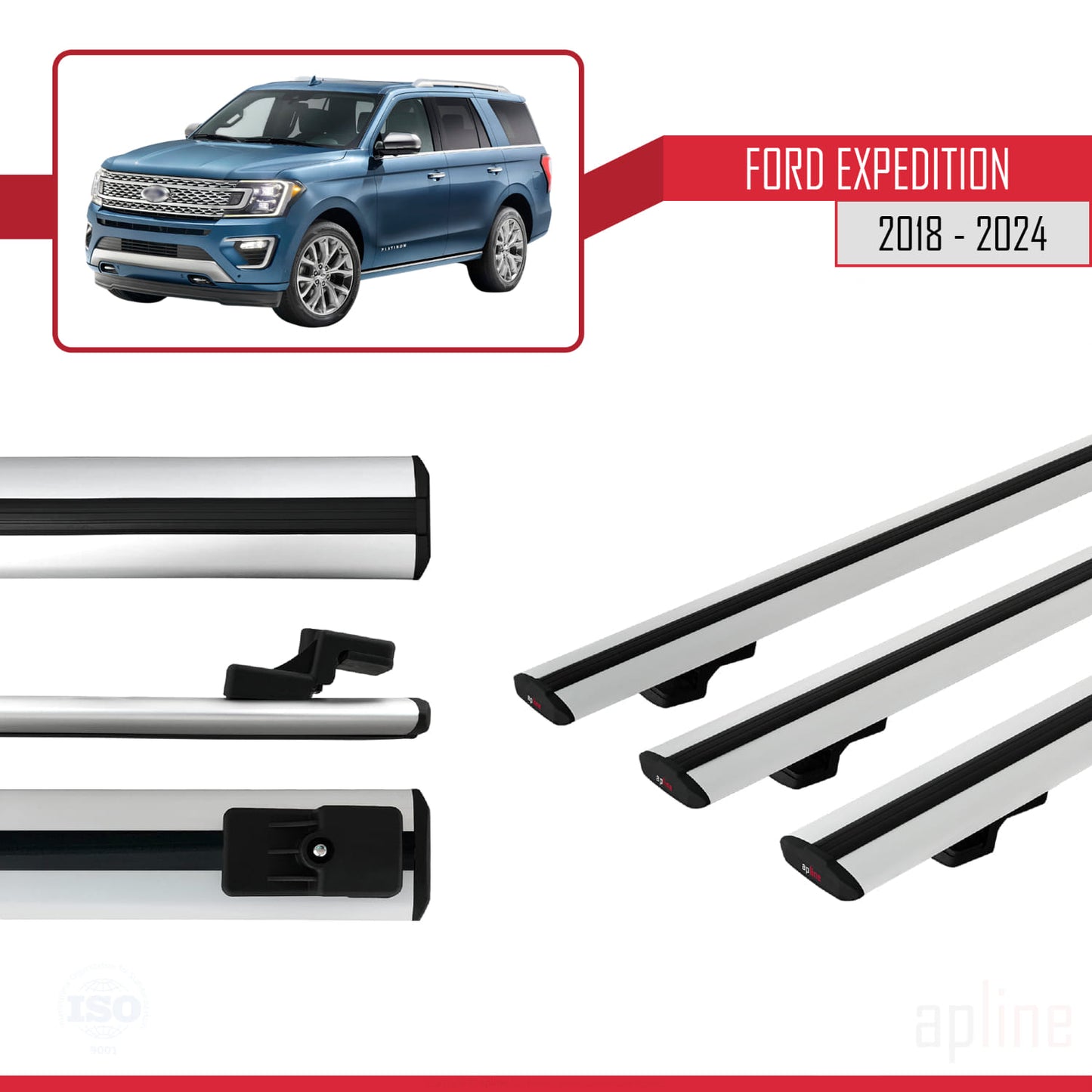 Compatible avec Ford Expedition 2018-2024  BASIC Model Barres de Toit Railing Porte-Bagages de Voiture Gris Aluminium 3 Barres