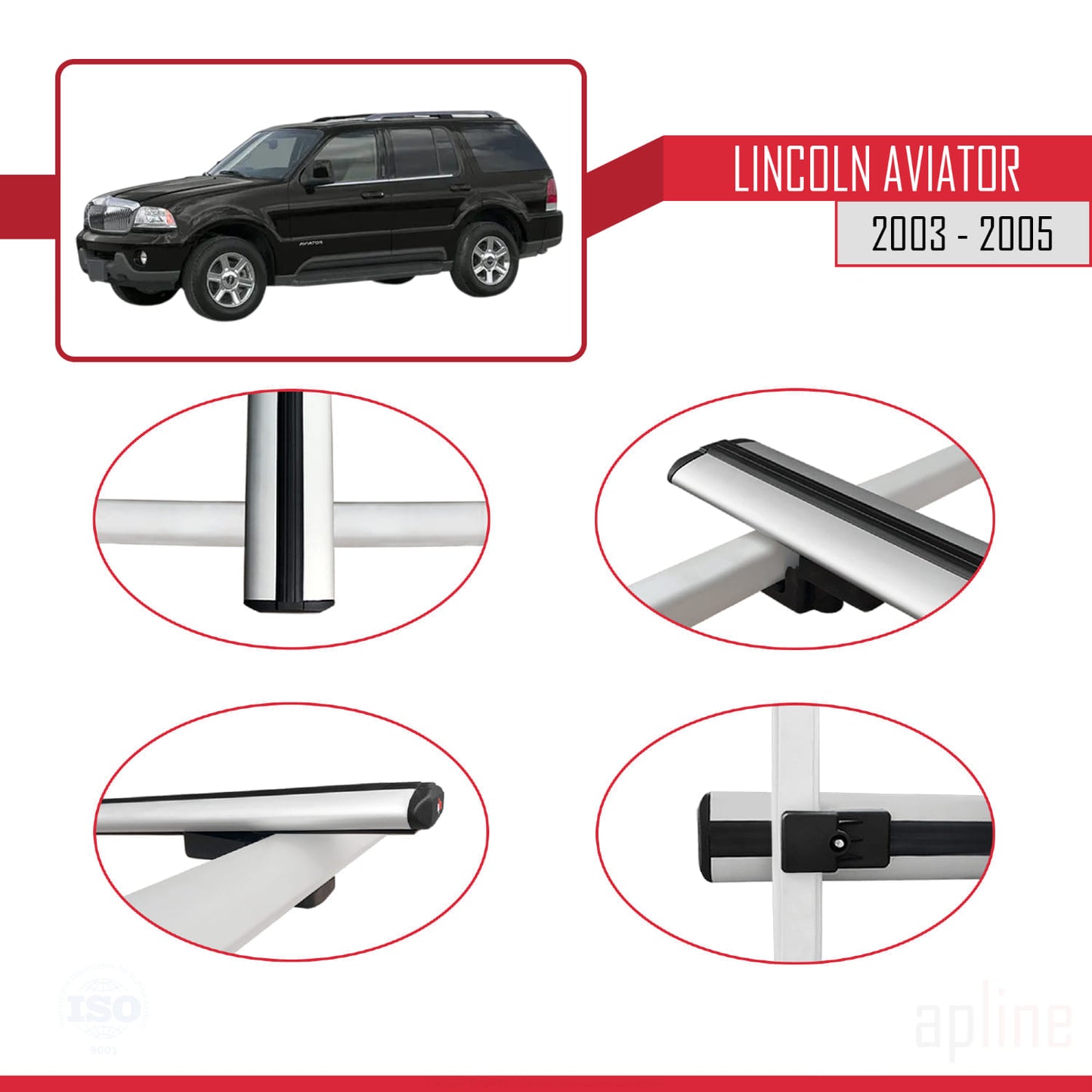 Compatible avec Lincoln Aviator 2003-2005 BASIC Model Barres de Toit Railing Porte-Bagages de Voiture Gris Aluminium 3 Barres