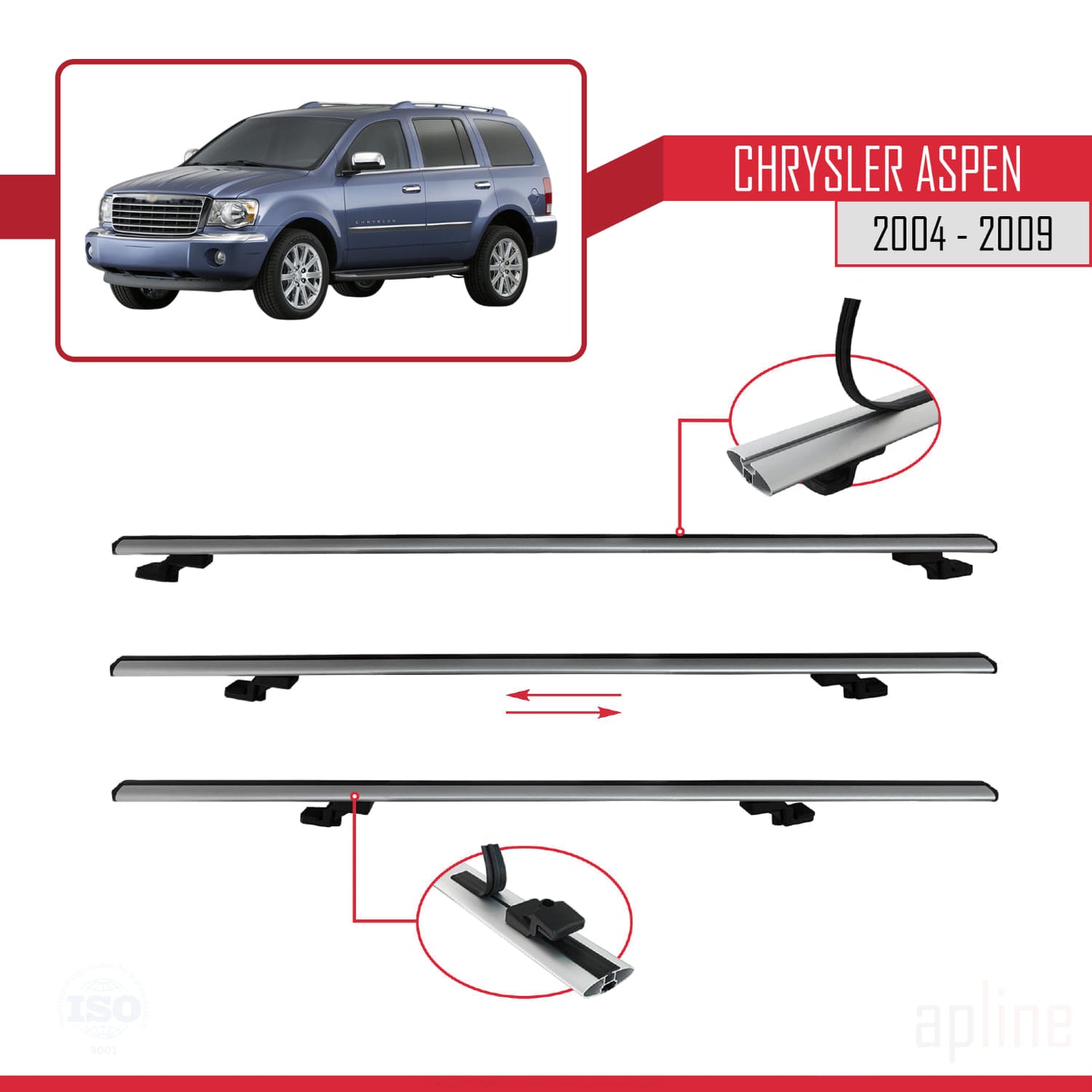 Compatible con Chrysler Aspen 2004-2009 BASIC Model Barras de Techo Auto Portaequipajes Barras Transversales Gris Aluminio 3 Barras