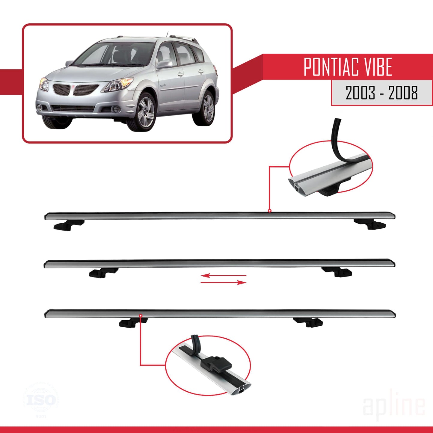 Compatible with Pontiac Vibe 2003-2008 BASIC Model Car Roof Rack Cross Bar Grey Aluminium 3 Bars