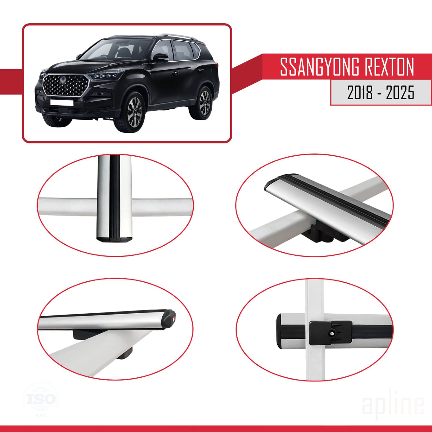 Compatible avec SsangYong Rexton 2018-2025 BASIC Model Barres de Toit Railing Porte-Bagages de Voiture Gris Aluminium 3 Barres