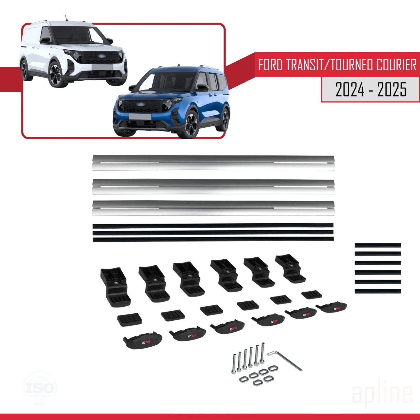 Compatible avec Ford Transit/Tourneo Courier 2024-2025 BASIC Model Barres de Toit Railing Porte-Bagages de Voiture Gris Aluminium 3 Barres