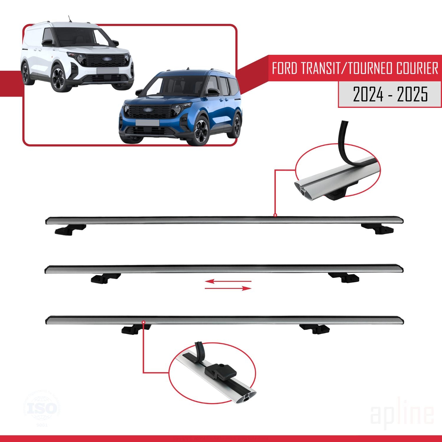Compatible avec Ford Transit/Tourneo Courier 2024-2025 BASIC Model Barres de Toit Railing Porte-Bagages de Voiture Gris Aluminium 2 Barres