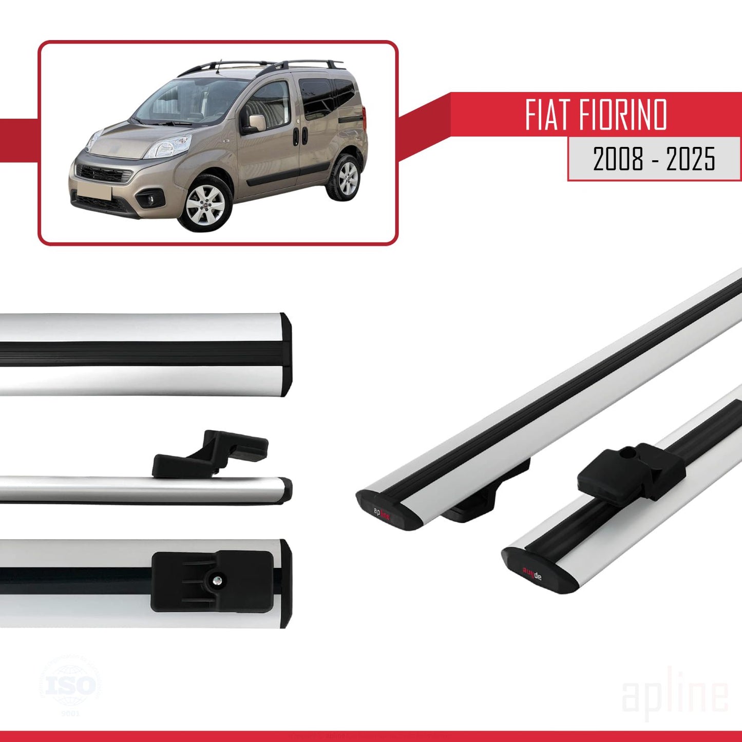Kompatibel mit Fiat Fiorino (Rohrrahmenmodell) 2008-2025 Basismodell Dachgepäckträger, graues Aluminium, 2 Stangen