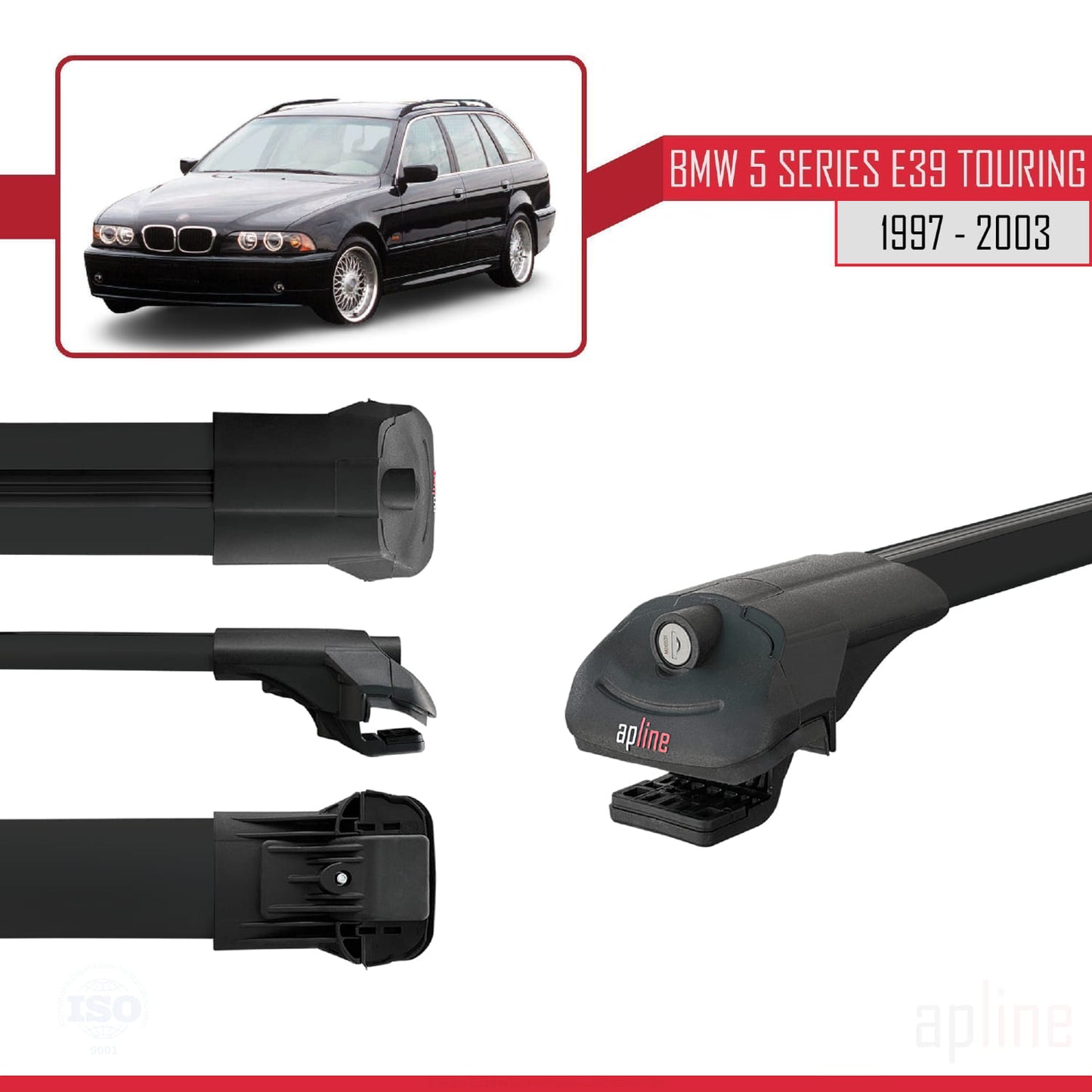 Compatible avec BMW Série 5 (E39) Touring 1997-2003 ACE-1 Barres de Toit Railing Porte-Bagages de Voiture Noir Aluminium 3 Barres