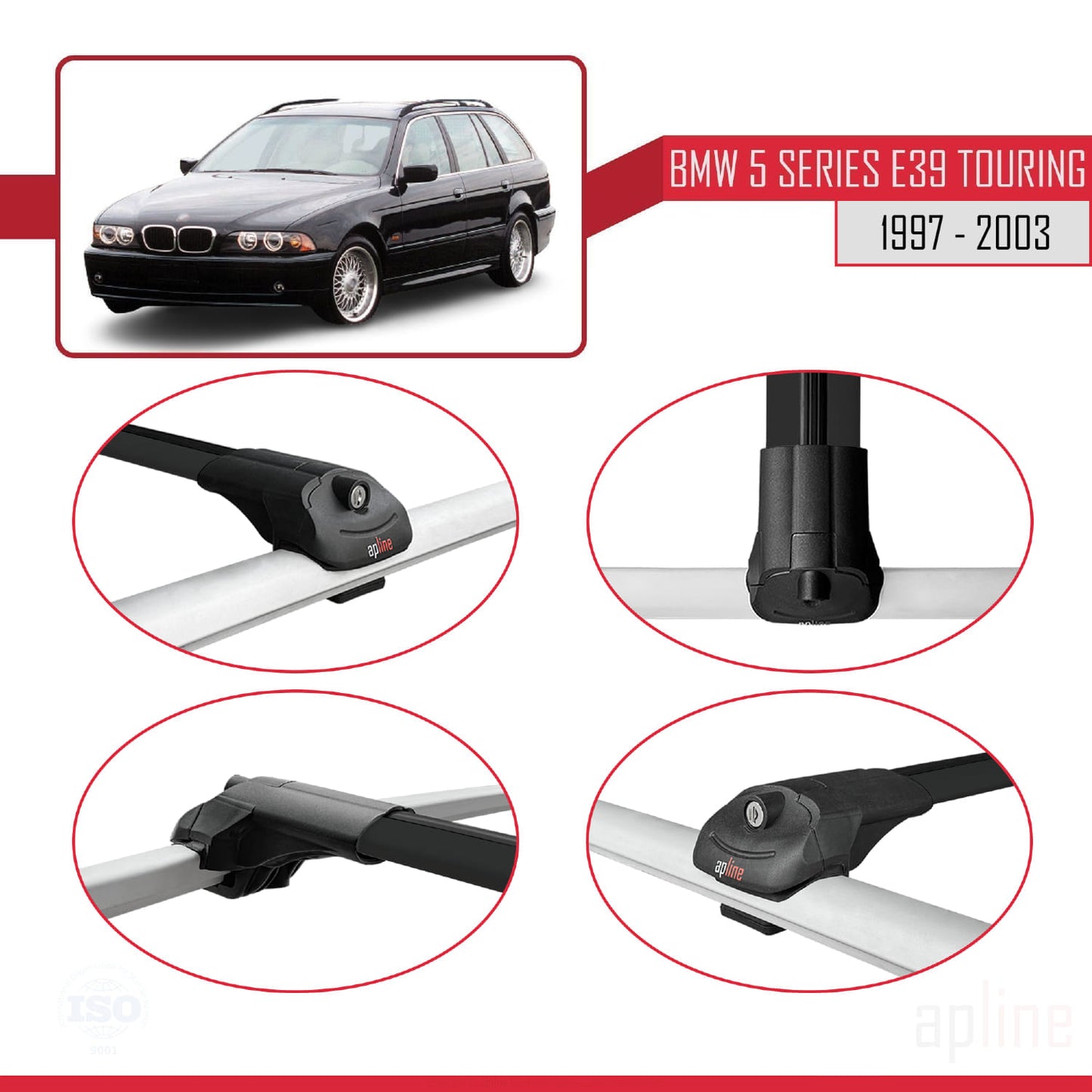 Compatible avec BMW Série 5 (E39) Touring 1997-2003 ACE-1 Barres de Toit Railing Porte-Bagages de Voiture Noir Aluminium 3 Barres